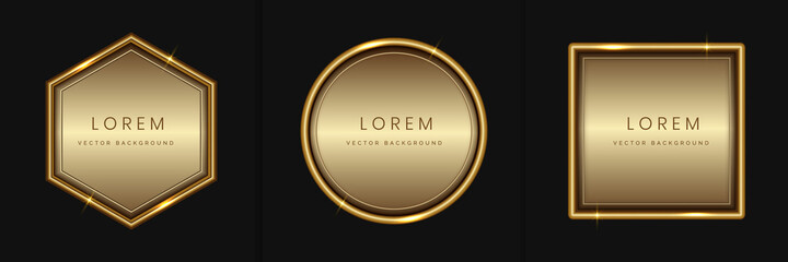 Poster - Set of abstract luxury golden geometric frame design, square, circle and hexagon with lighting effect. Modern luxury with copy space for text.