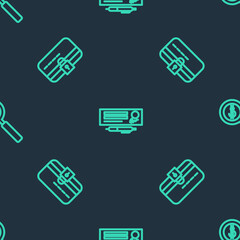 Poster - Set line Bank check and pen, Credit card with lock and Magnifying glass dollar on seamless pattern. Vector
