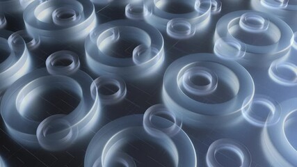 Poster - Round matte shapes lying on 3d render floor with digital abstract lines. Geometric abstract composition for cyber interior and web presentation. Realistic graphics with futuristic designs.