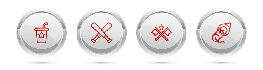 Sticker - Set line Paper glass with straw, Crossed baseball bat, American flag and Firework. Silver circle button. Vector