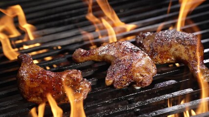 Poster - Chicken thighs grilled on hot barbecue charcoal flaming grill. Juicy chicken meat roasted on bbq grill. slow motion