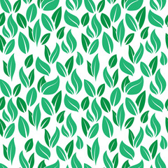 Wall Mural - Green leaves pattern. Seamless print with flying cartoon peppermint and tea leaves, floral minimal nature background. Vector organic texture