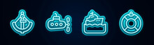 Set Line Anchor, Submarine, Cruise Ship And Lifebuoy. Glowing Neon Icon. Vector