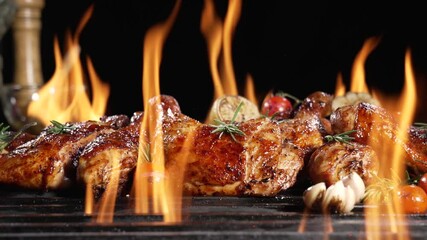 Poster - Chicken drumsticks and thighs grilled on hot barbecue charcoal flaming grill. Juicy chicken meat roasted on bbq grill. slow motion