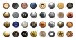 Realistic cloth buttons. Metal antique bronze or silver sewing rivets and denim clothing vintage accessories. Top view of various garment retro fasteners. Vector textile decorations set