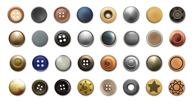 Wall Mural - Realistic cloth buttons. Metal antique bronze or silver sewing rivets and denim clothing vintage accessories. Top view of various garment retro fasteners. Vector textile decorations set