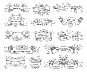 Poster - Vintage Victorian label. Retro scroll banner engraving. Antique heraldic swirl ribbon decorative sketch elements. Black and white heading classic borders. Vector calligraphy frames set
