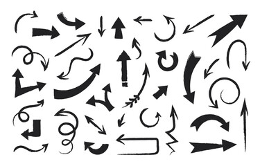 Poster - Grunge arrows. Hand drawn direction pointers. Handmade paintbrush stroke. Vintage scribble forms. Up and down signs. Curve shapes. Way pointing. Black brushstrokes. Vector cursors set