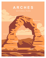 Arches National Park Outdoor Adventure Background Illustration. 
Travel To Arches National Park In Eastern Utah, United States. Flat Cartoon Vector Illustration In Colored Style.