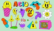 Acid Abstract Characters And Objects. In A Cartoon Style, A Set Of Bright Psychedelics, All Elements Are Isolated