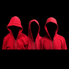 Art Collage With Three Red Hoodie Characters On Black Background, A Gang Of Brothers Without Face