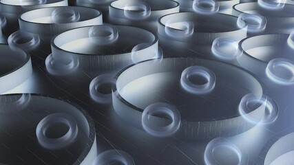 Poster - Round matte shapes lying on 3d render floor with digital abstract lines. Geometric abstract composition for cyber interior and web presentation. Realistic graphics with futuristic designs.