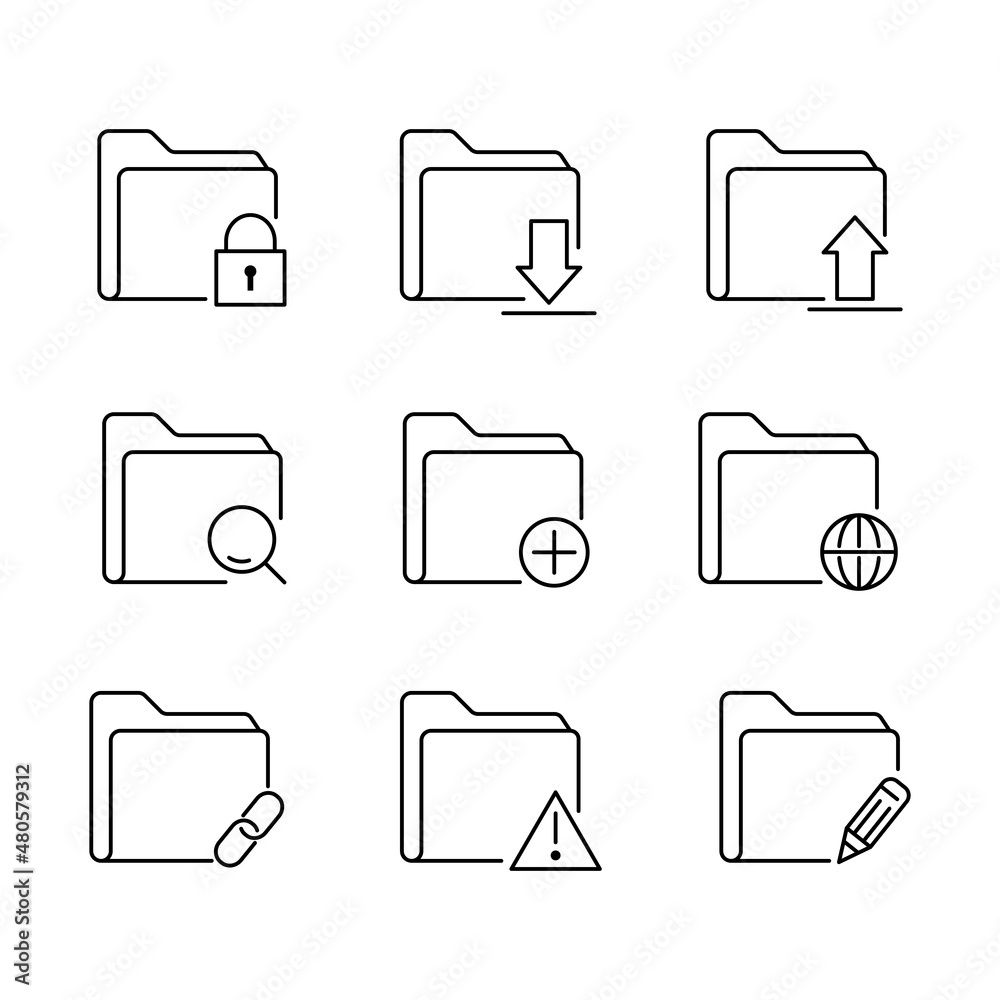 Folder icons. Create, block, edit, rename, find and etc. Stock Vector ...