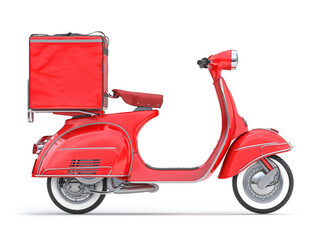 Wall Mural - Scooter express delivery service. Red motor bike with delivery bag isolated on white.