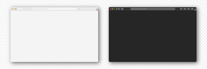 Browser window on transparent background. Empty web page, browser window mockup with toolbar. Browser window in dark and light mode. Vector