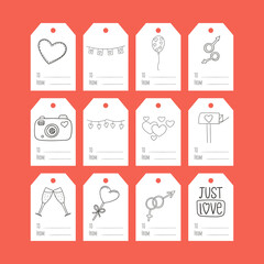 Wall Mural - Set of gift tags with black and white hand-drawn doodles for Valentine's Day. A collection of present labels with illustrations and words To, from. Simple vector illustrations on a white background.