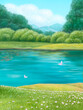 Mountain landscape in summer with a lake and a flower meadow and butterflies. Digital illustration