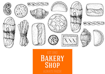 Illustration of different baked goods. Hand drawn vector illustration. Bakery sketch. Background template for design. Engraved food image. Hand drawn sketch with bread, pastry, sweet.