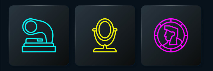 Poster - Set line Old gramophone, Ancient coin and Round makeup mirror. Black square button. Vector