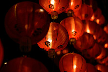 Rows Of Colorful Glowing Red Chinese Lanterns