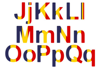 Poster - Letters with Romanian flag. J, K, L, M, N, O, P uppercase and lowercase letters. 3D rendering