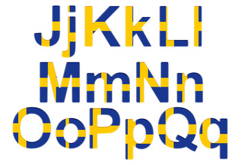 Poster - Letters with Swedish flag. J, K, L, M, N, O, P uppercase and lowercase letters. 3D rendering