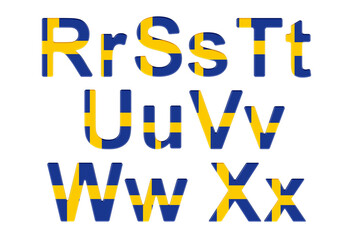 Poster - Letters with Swedish flag. R, S, T, U, V, W, X uppercase and lowercase letters. 3D rendering