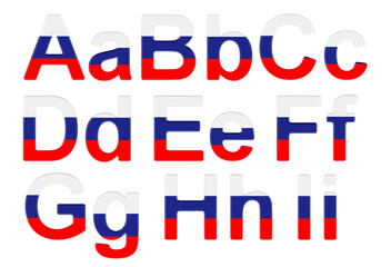 Poster - Letters with Russian flag. A, B, C, D, E, F, G, H, I uppercase and lowercase letters. 3D rendering