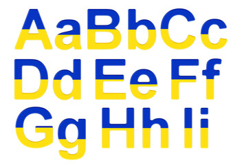 Poster - Letters with Ukrainian flag. A, B, C, D, E, F, G, H, I uppercase and lowercase letters. 3D rendering