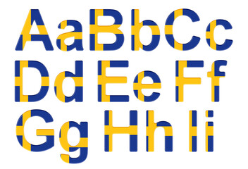 Poster - Letters with Swedish flag. A, B, C, D, E, F, G, H, I uppercase and lowercase letters. 3D rendering