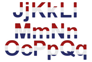 Poster - Letters with the Netherlands flag. J, K, L, M, N, O, P uppercase and lowercase letters. 3D rendering