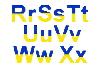 Poster - Letters with Ukrainian flag. R, S, T, U, V, W, X uppercase and lowercase letters. 3D rendering