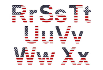 Poster - Letters with the United States flag. R, S, T, U, V, W, X uppercase and lowercase letters. 3D rendering