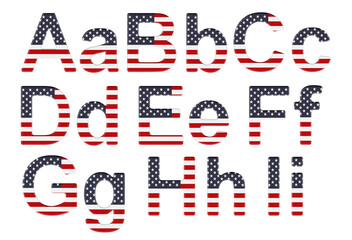 Poster - Letters with the United States flag. A, B, C, D, E, F, G, H, I uppercase and lowercase letters. 3D rendering