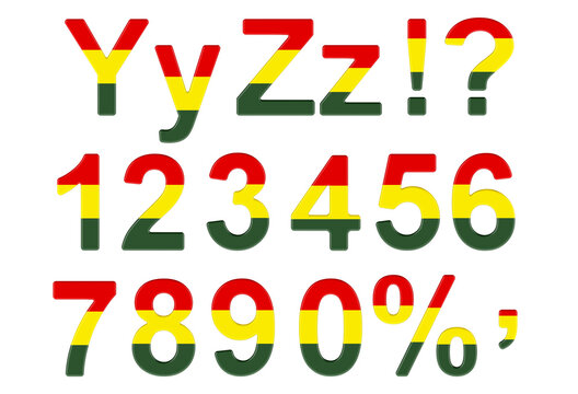 Letters, numbers and punctuation marks with Bolivian flag. Y, Z, 1, 2, 3, 4, 5, 6, 7, 8, 9, 0. 3D rendering