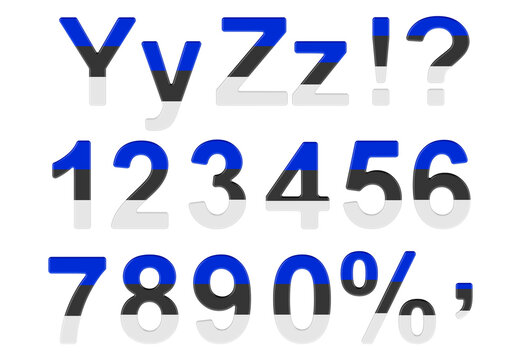 Letters, numbers and punctuation marks with Estonian flag. Y, Z, 1, 2, 3, 4, 5, 6, 7, 8, 9, 0. 3D rendering
