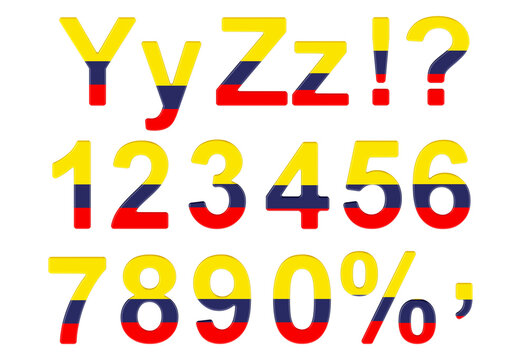 Letters, numbers and punctuation marks with Colombian flag. Y, Z, 1, 2, 3, 4, 5, 6, 7, 8, 9, 0. 3D rendering