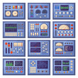 Electrical dashboard, control panels with charts, buttons and tuners. Retro dashboard control panels elements vector illustration set. Spacecraft interface panels