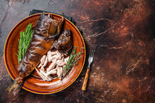 Fillet Of Hot Smoked Fish Perch In A Rustic Plate With Thyme. Dark Background. Top View. Copy Space