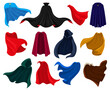 Cartoon superhero or fairytale fabric cloaks, mantle and capes. Superheroes cloaks and mantles isolated vector illustration set. Hero capes costume