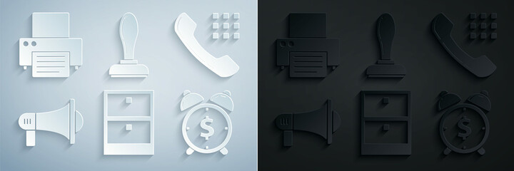 Poster - set archive papers drawer, telephone handset, megaphone, alarm clock with dollar symbol, stamp and p