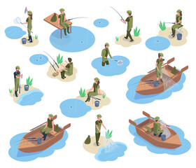 Isometric fishermen characters, 3d river or pond fishing. Characters using fishing equipment, boat, tackle and fishing rod vector illustration set. Fisherman characters