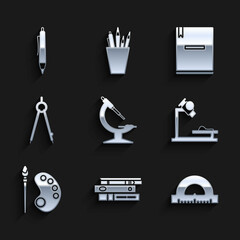 Sticker - Set Microscope, Office folders with papers and documents, Protractor grid for measuring degrees, Paint brush palette, Drawing compass, Notebook and Pen icon. Vector