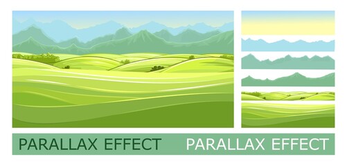 Wall Mural - countryside landscape with vegetable gardens and pastures. against background of distant mountains n