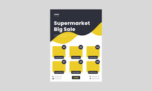 Supermarket Sale Flyer Design Template. Big Sale Saves Now Flyer Template. Super Shop Flyer In Yellow Color With The Product Catalog.