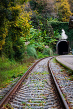 The Railway Operating In The Caucasus Leading Into The Old Tunnel. The Railway Passes Through The Territory Of Abkhazia.