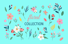 Floral Vector Collection On A Blue Isolated Background. Set Of Flowers, Twigs With Berries And Flower Arrangements For Spring Or Summer Banners, Flyers