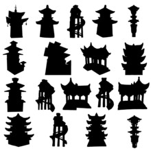 Set Of Silhouette Japanese Pagodas, Chinese Temple Or Buddhist Monastery And Tree House On Stilts For Living In Jungles. China Religious Architecture. Watch Towers Set, Eastern Han Dynasty. Vector.