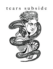 illustration of Artemis statue and snake with slogan print design