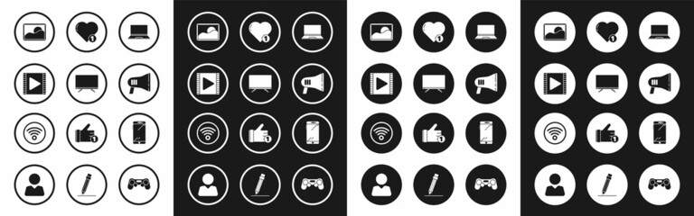 Set Laptop, Smart Tv, Play Video, Picture landscape, Megaphone, Like heart, Smartphone, mobile and Wi-Fi wireless internet network icon. Vector